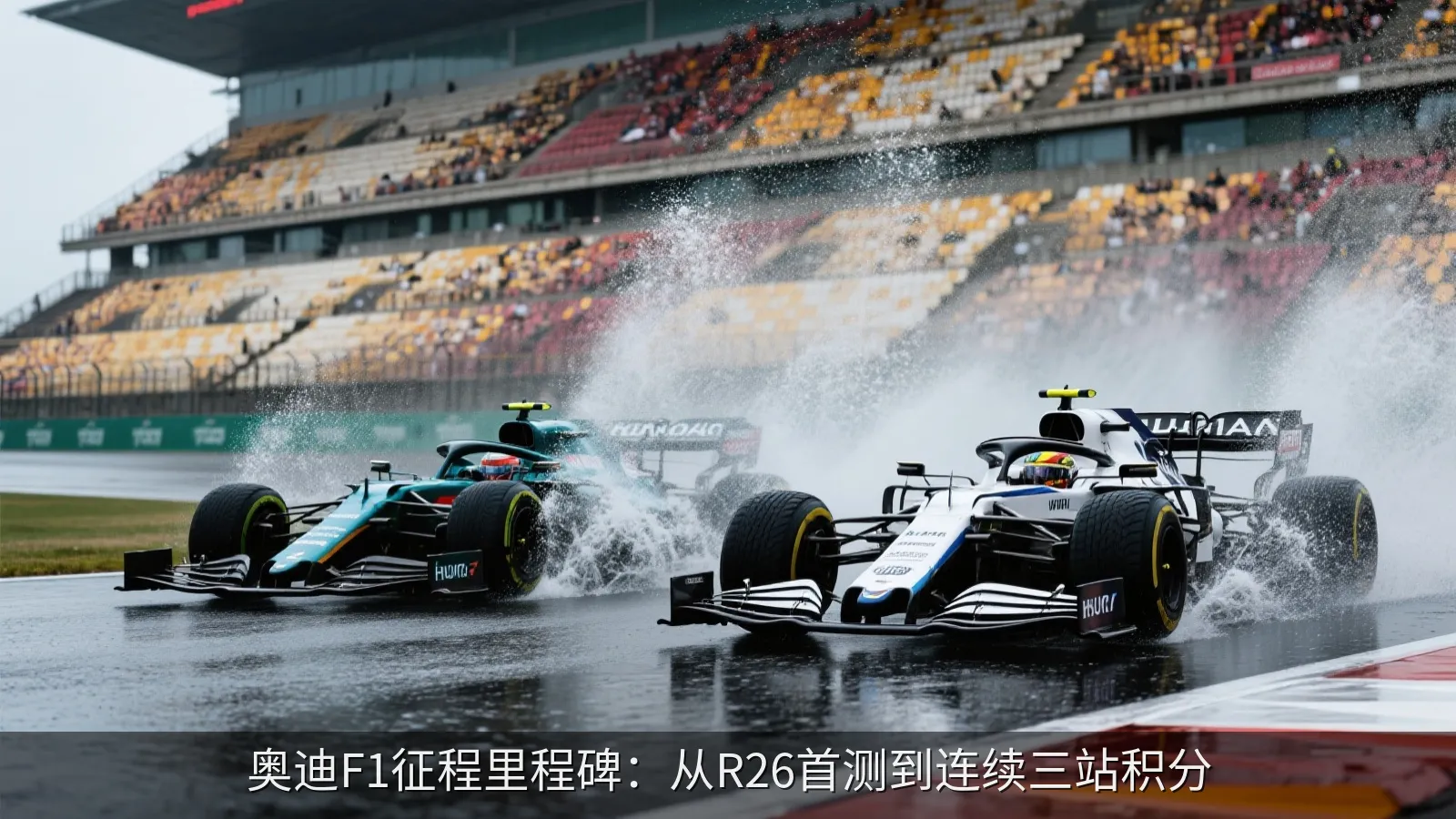 两辆现代一级方程式赛车在弯道中并行竞争