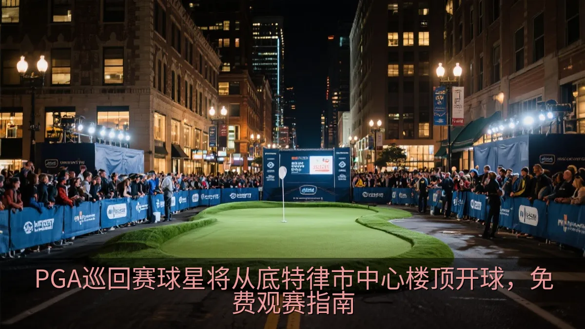 城市街道旁设置临时高尔夫果岭的夜间示意画面。